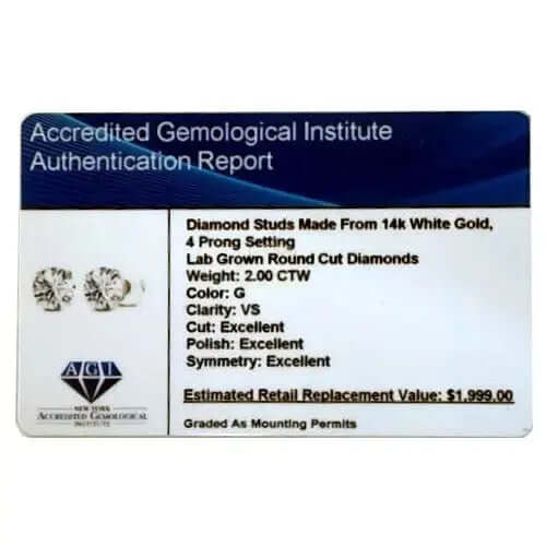 2.00 CTW AGI Certified Lab-Grown Diamond Stud Earrings in Solid 14K Gold - G Color, VS Clarity - AmeriLuxe Essentials