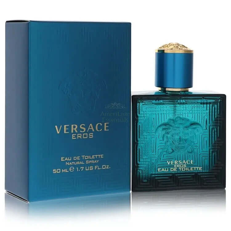 Versace Eros fragrance for men 1.7 oz Eau De Toilette Spray in bold turquoise packaging.