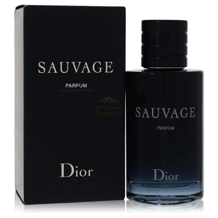 Sauvage Christian Dior parfum spray 3.4 oz in a sleek black box, representing bold masculinity and fresh fragrance.