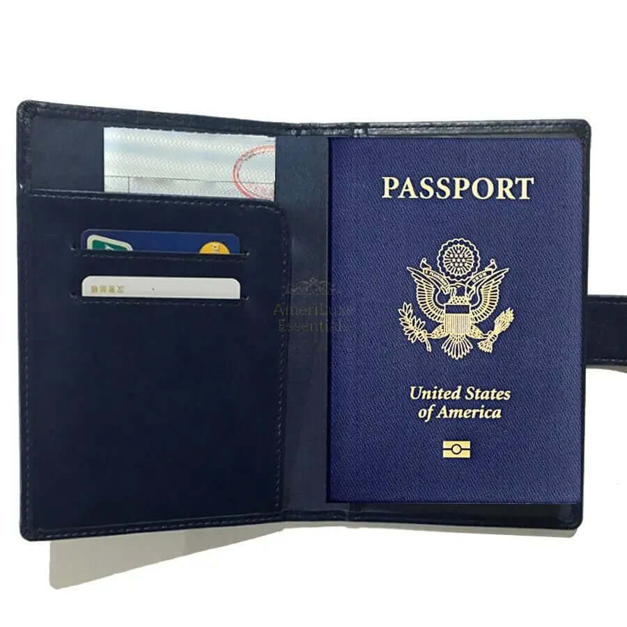 RFID passport wallet open showing US passport and card slots for secure travel and organization.