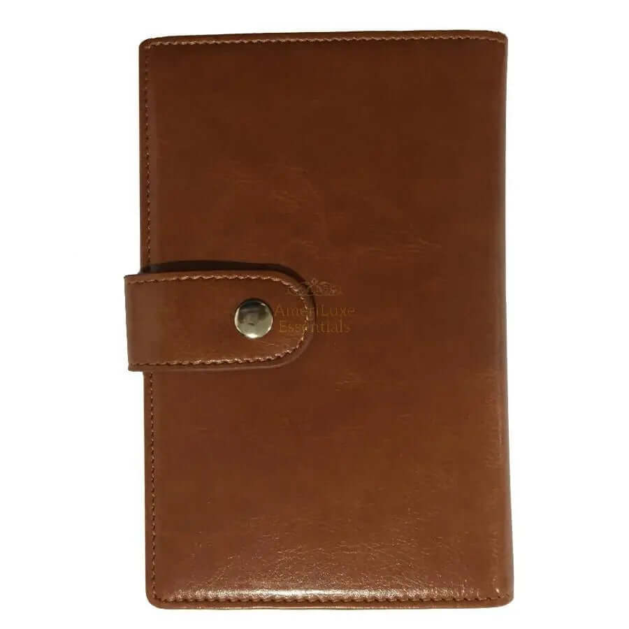 RFID passport wallet in brown leather with a secure snap closure for travel safety.