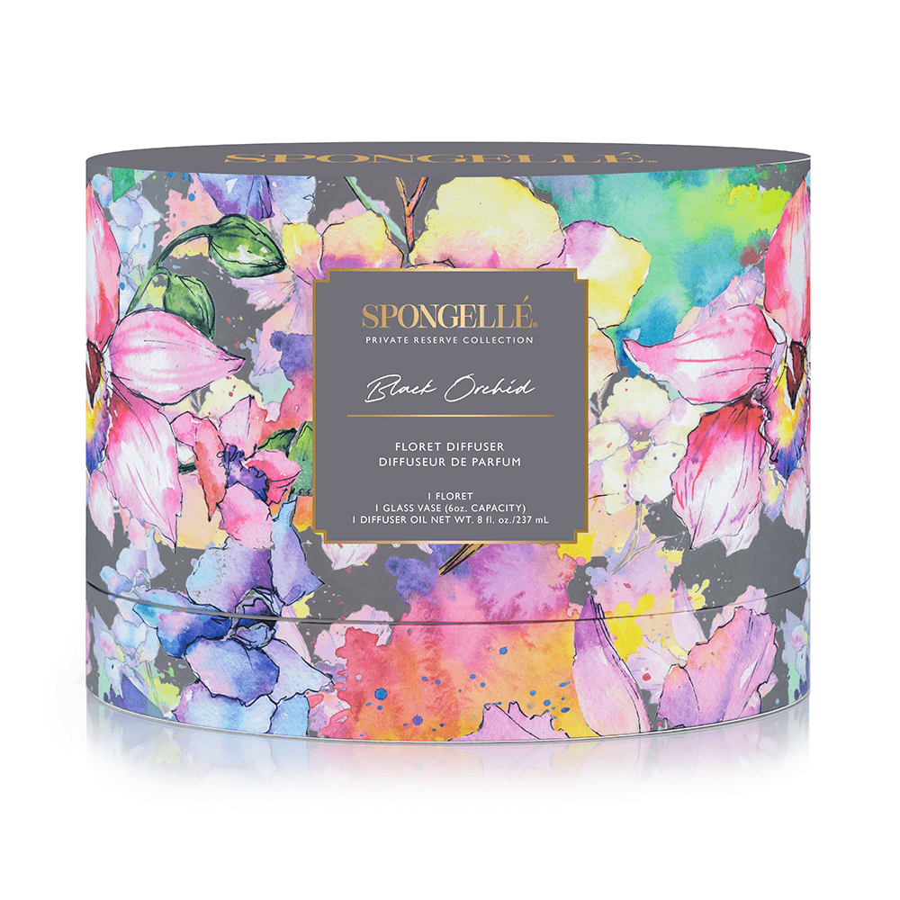 Black Orchid - Private Reserve Diffuser packaging showcasing vibrant floral design and luxurious branding.