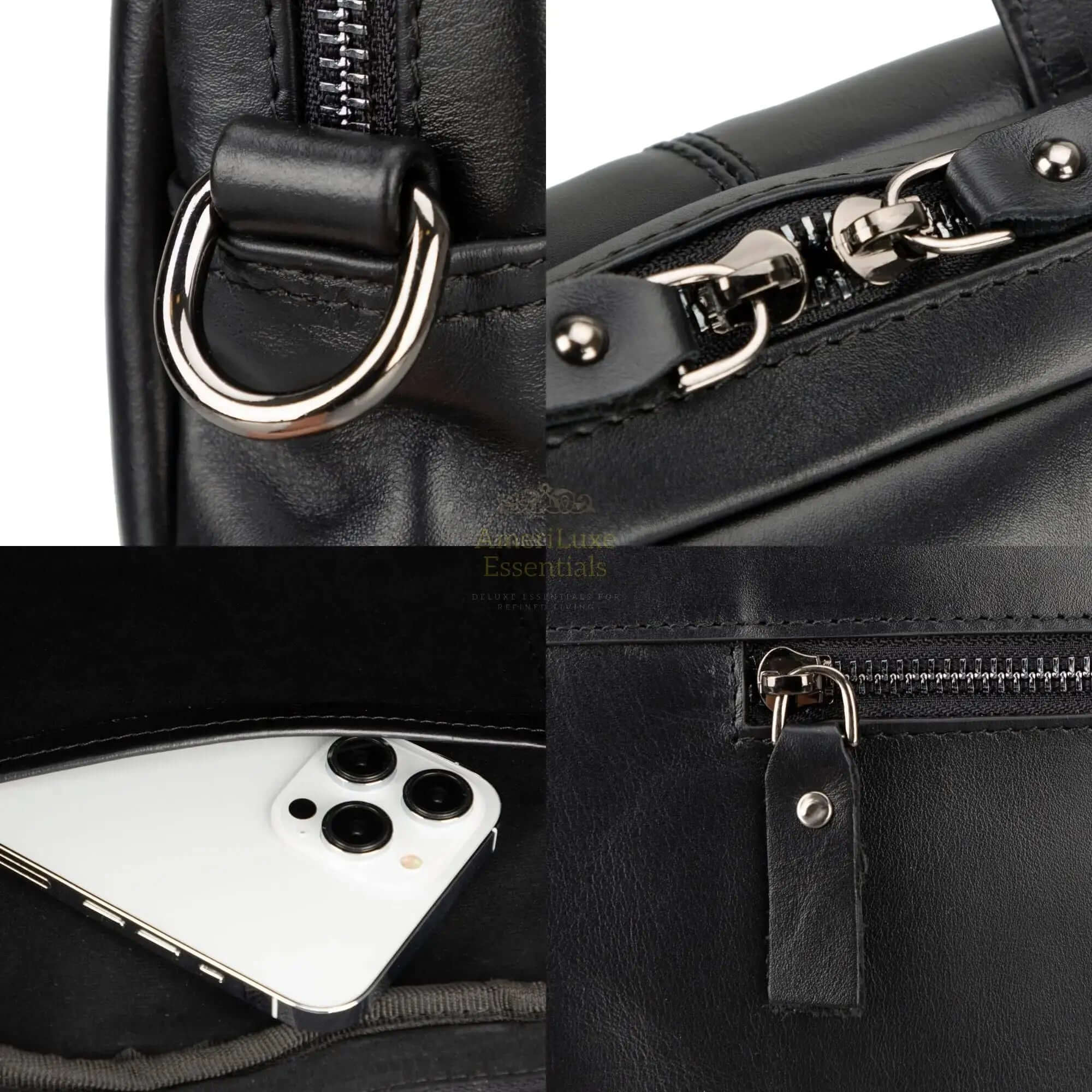 Detailed view of Afton Leather MacBook Pro sleeve with zipper, metal accents, and a smartphone inside.