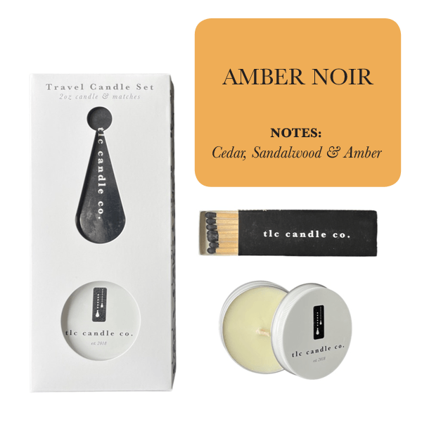 Travel Candle with Matches - Amber Noir set featuring notes of cedar, sandalwood, and amber.