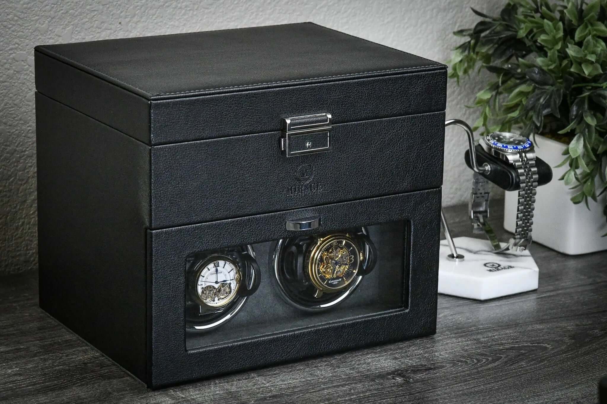 Luxury Watch Winder Box - Ebony Black showcasing automatic timepieces in a sleek design.