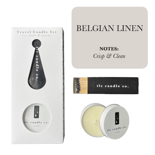 Travel Candle with Matches - Belgian Linen set featuring a crisp and clean scent.