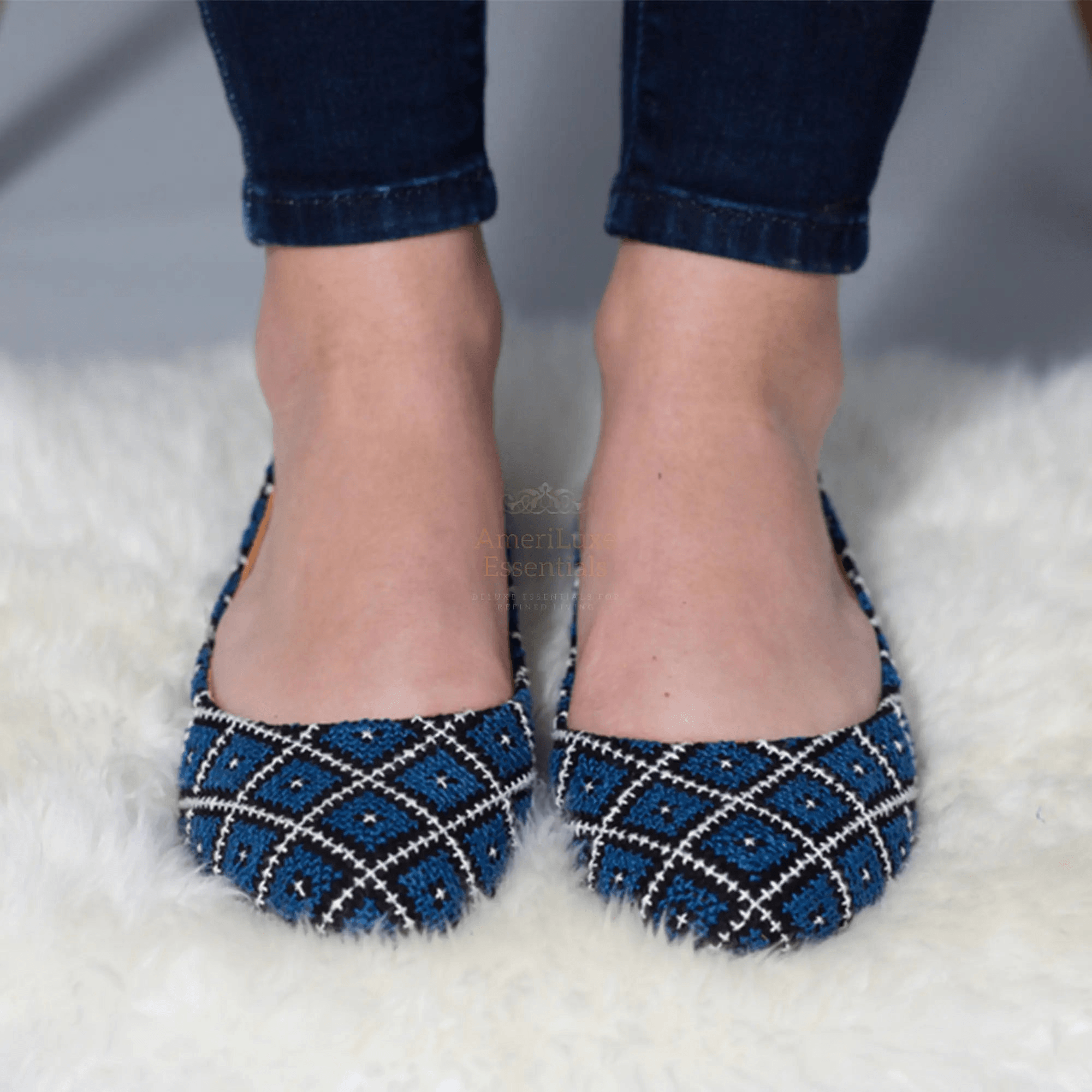 Yasmin Sapphire Blue Comfortable Flat Shoes, stylish and comfortable flat shoes for women with Middle Eastern embroidery.