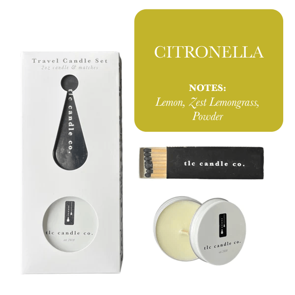 Travel Candle with Matches - Citronella set featuring lemon zest and lemongrass notes for outdoor enjoyment.