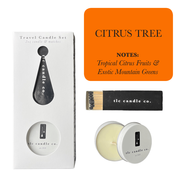 Travel Candle with Matches - Citrus Tree featuring tropical citrus fruits and exotic mountain greens.