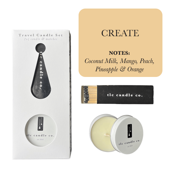 Travel Candle with Matches - Create set featuring coconut milk, mango, peach, pineapple, and orange scents.