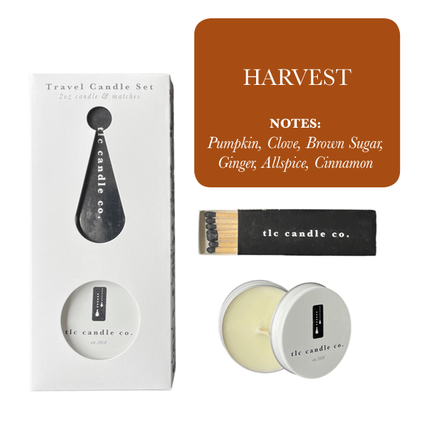 Travel Candle with Matches - Harvest featuring pumpkin, clove, and warm spice notes.