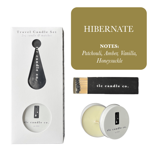 Travel Candle with Matches - Hibernate, featuring patchouli, amber, vanilla, and honeysuckle scents.