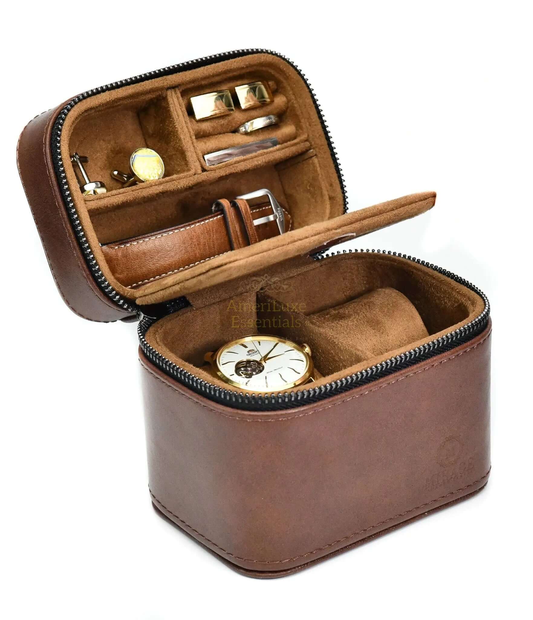 Leather watch travel case with compartments for jewelry and watches in rich coffee brown.