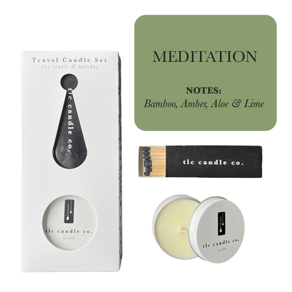 Travel Candle with Matches - Meditation set featuring bamboo, amber, aloe, lime scents and matches.