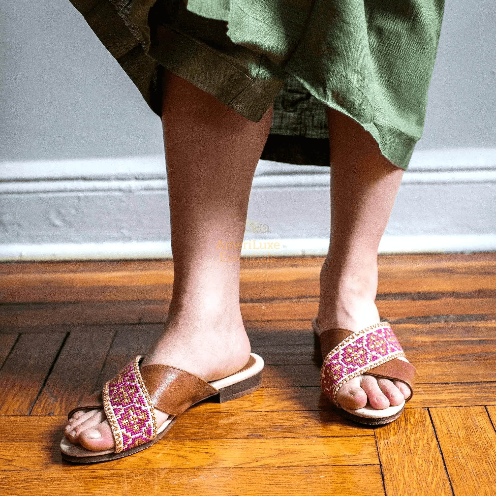 Mona Cross Strap Women's Sandals - Berry worn by model showcasing traditional design, perfect for summer style, women's cross strap sandals berry.