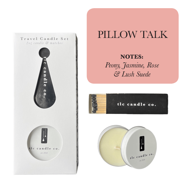 Travel Candle with Matches - Pillow Talk set featuring Peony, Jasmine, Rose & Lush Suede fragrance.