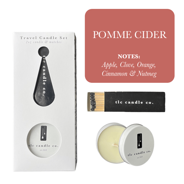 Travel Candle with Matches - Pomme Cider set featuring notes of apple, clove, orange, cinnamon, and nutmeg.