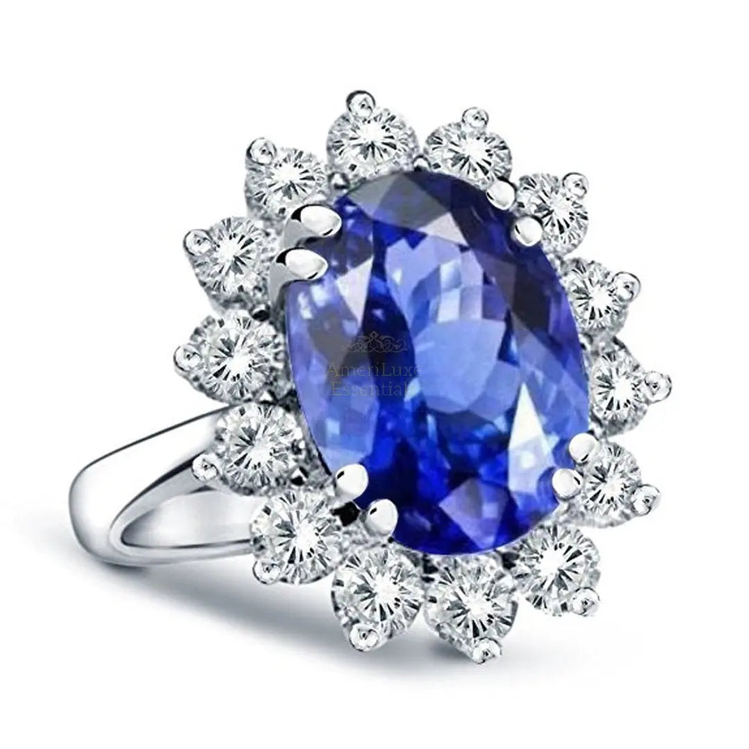 Princess Diana Inspired 3.00CTW AGI Certified G/VS Lab-Grown Sapphire and Diamond Halo Ring in 14K White Gold - AmeriLuxe Essentials
