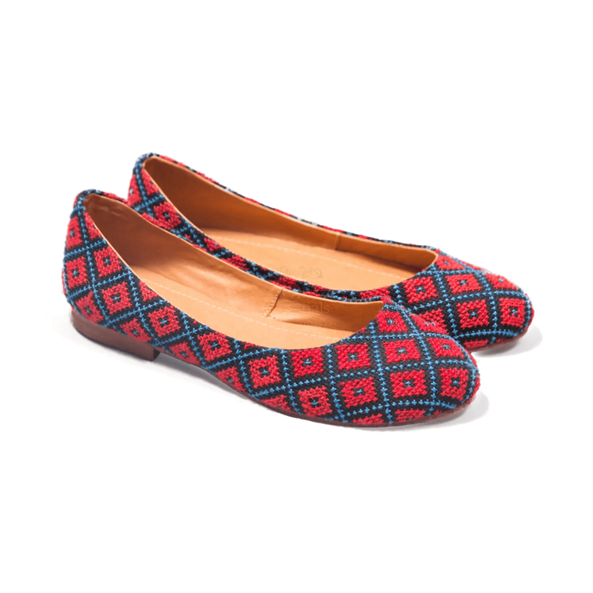 Yasmin Cardinal Red Comfortable Flat Shoes with traditional Middle Eastern tatreez design.