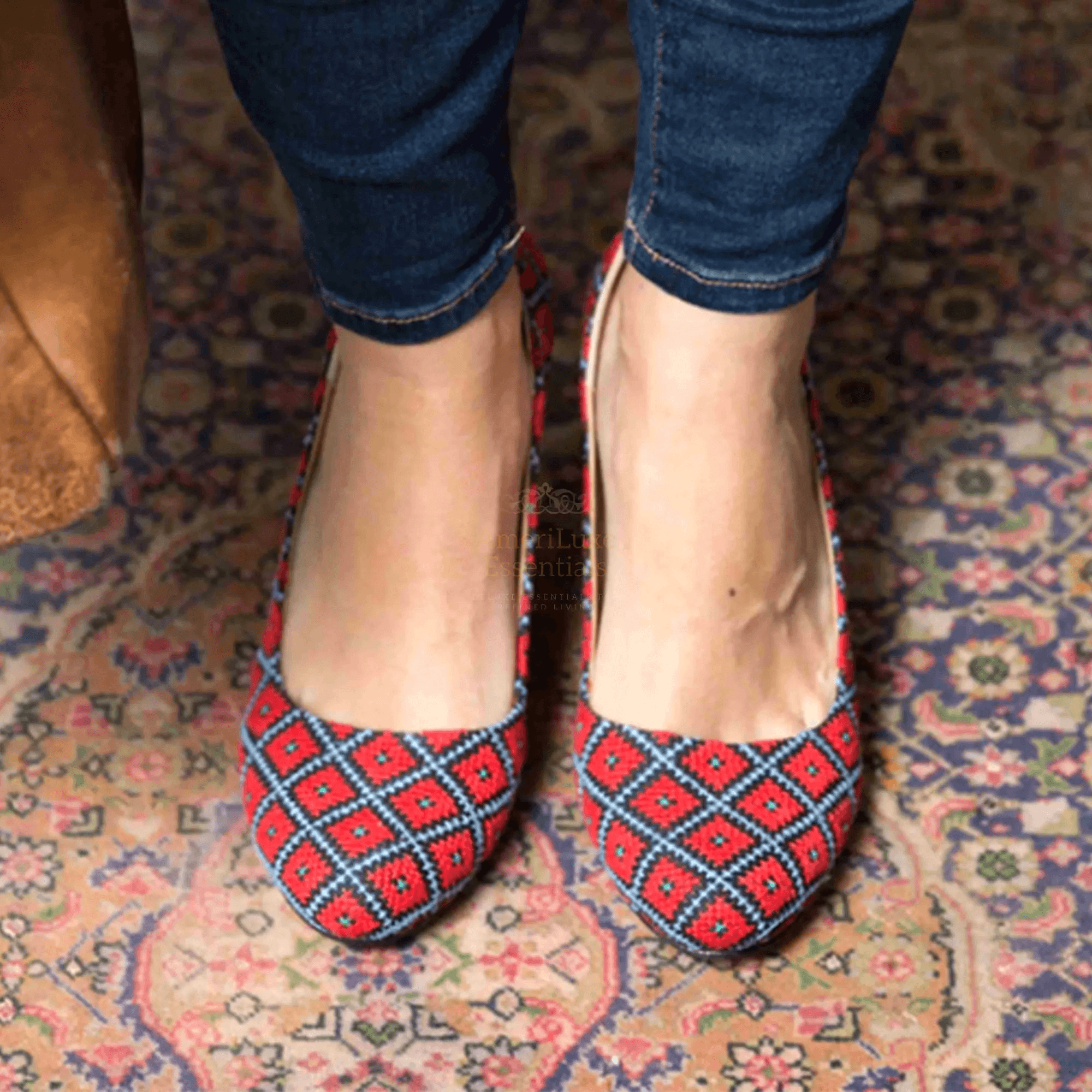 Yasmin Cardinal Red Comfortable Flat Shoes showcasing traditional tatreez design, perfect for casual outings.