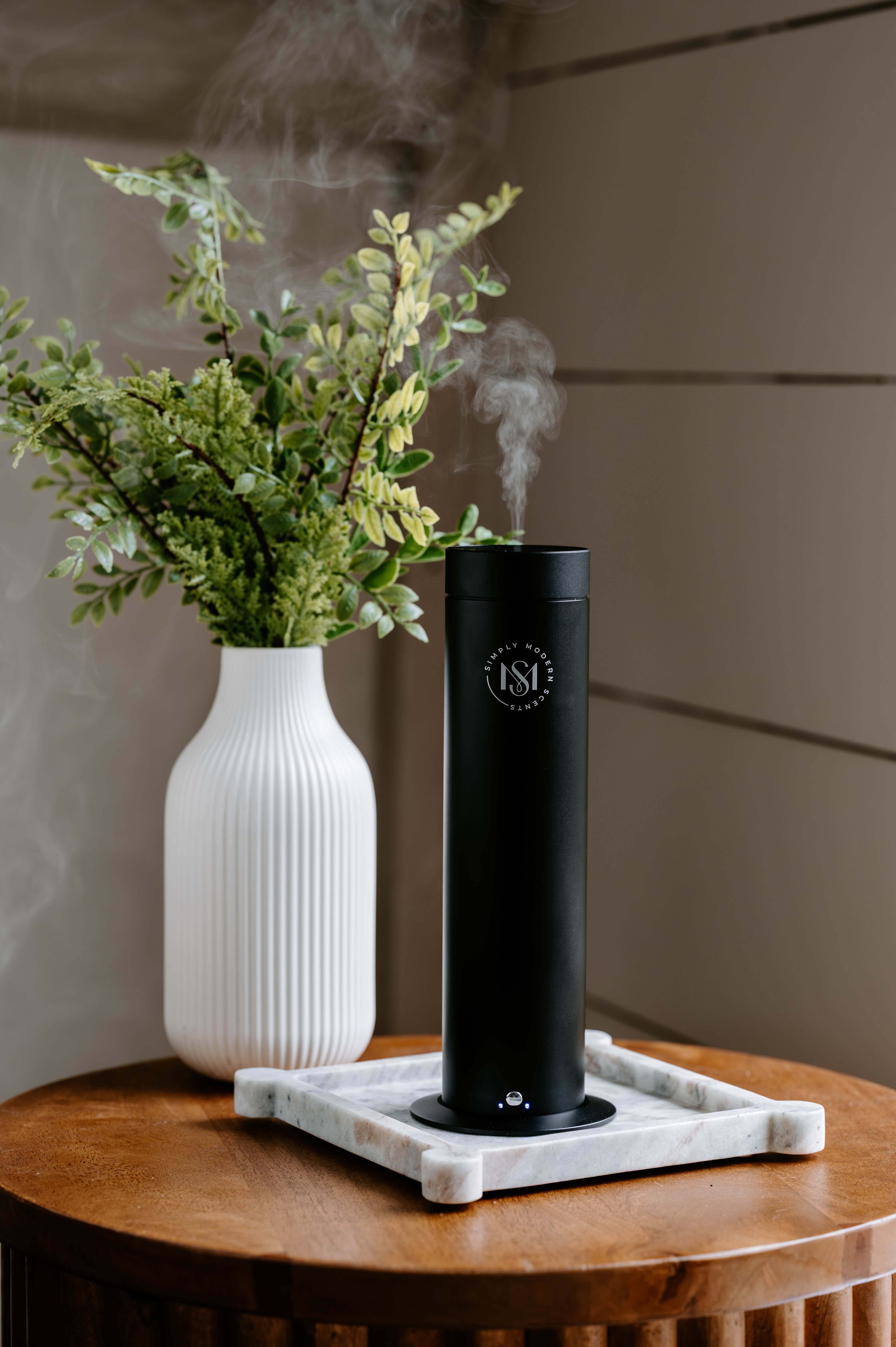 Luxury Electric Home Diffuser + Complimentary 2 OZ Diffuser Oil | SMS150 with vapor and greenery in a modern setting.