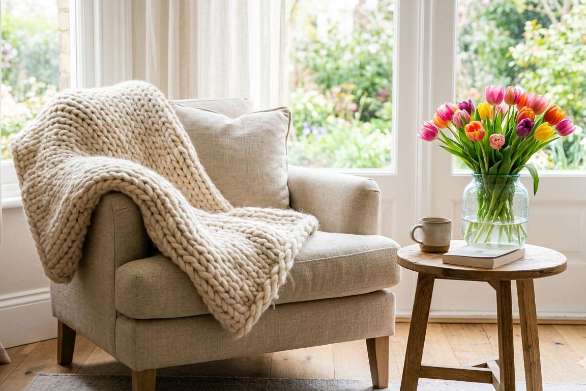 Cozy living room with a beige armchair, knitted blanket, and a small table with flowers and a book.