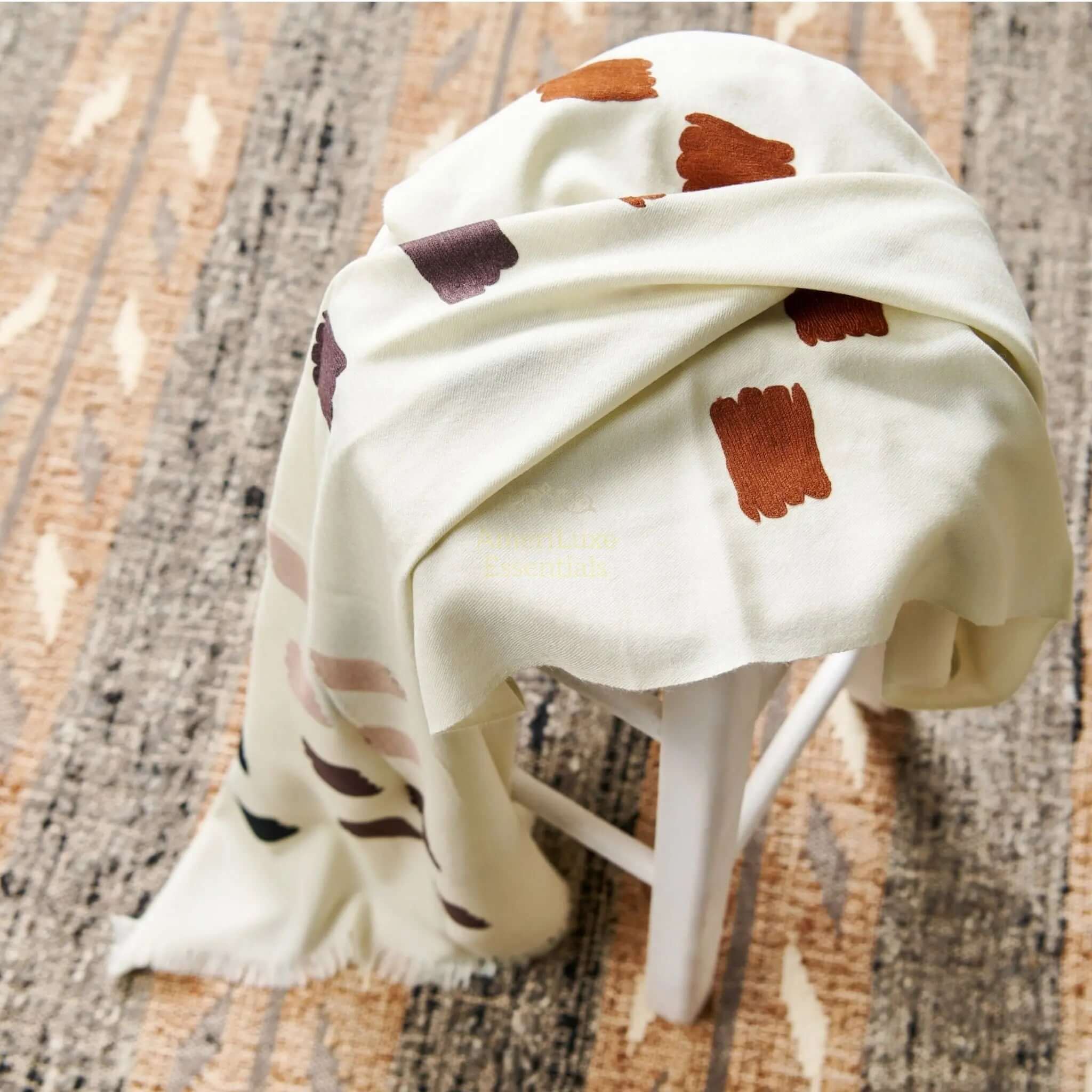 Dahlia hand woven embroidered scarf with a cream background and abstract color patterns, showcasing artisanal craftsmanship.