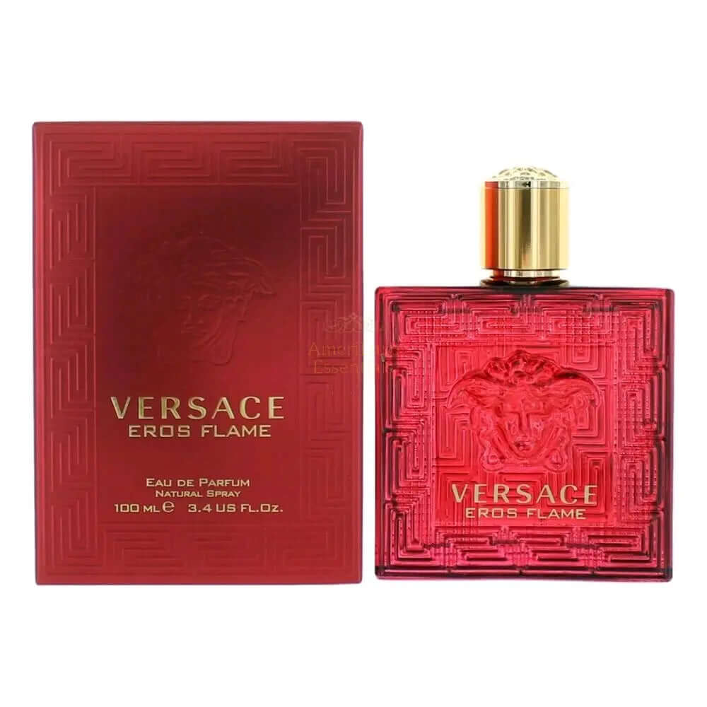 Eros Flame men's eau de parfum by Versace in a red bottle and box, 3.4 oz spray for men, featuring passionate fragrance.