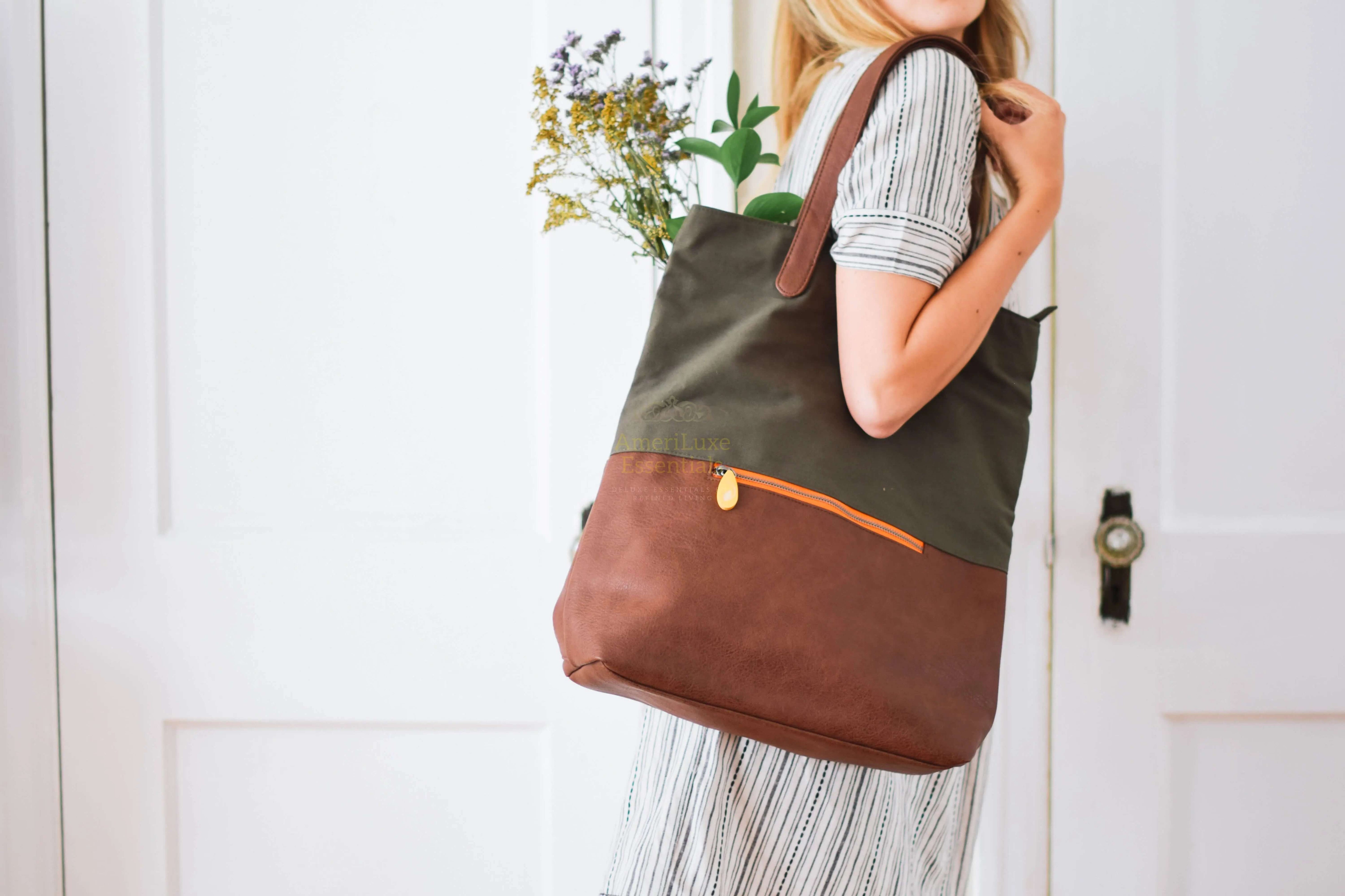 Stylish woman carrying a Greenpoint convertible backpack purse with flowers, showcasing its versatility and design.