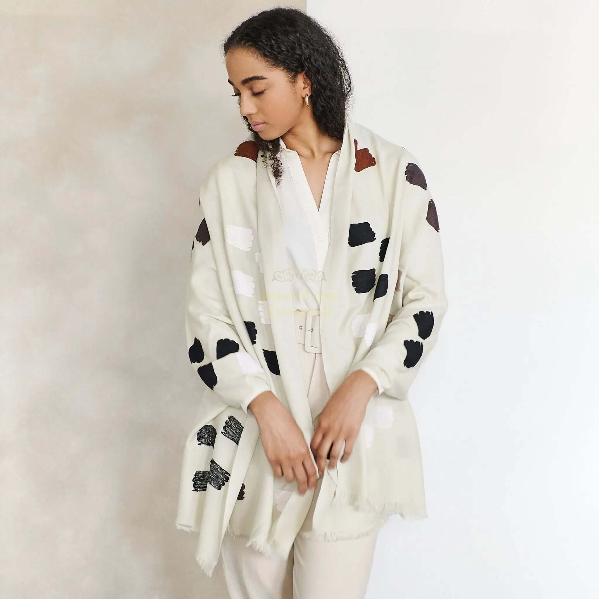 Off White Dahlia Hand Embroidered Hand Woven Modern Artisanal Scarf - AmeriLuxe Essentials