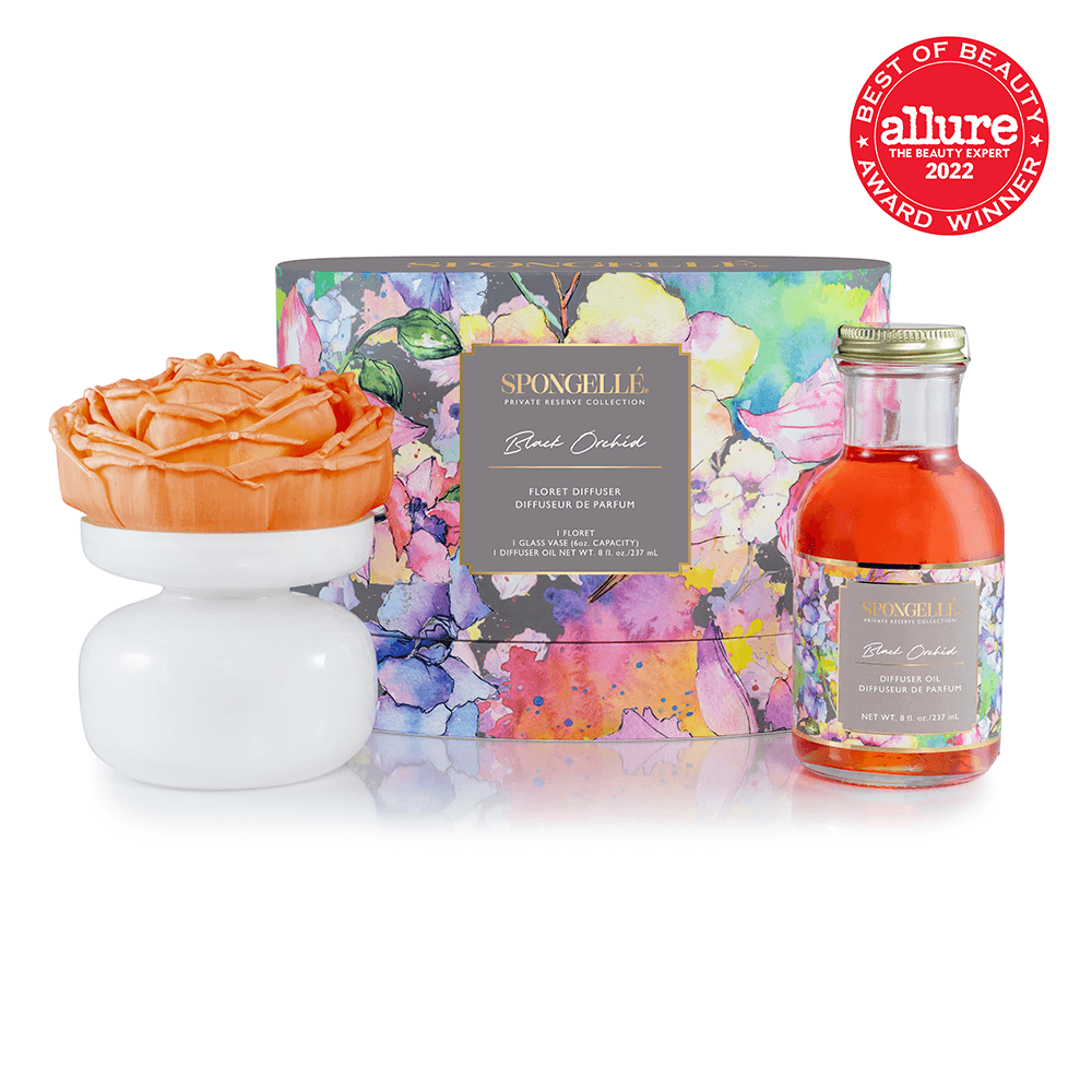 Black Orchid - Private Reserve Diffuser with floral packaging and fragrant liquid by Spongellé.