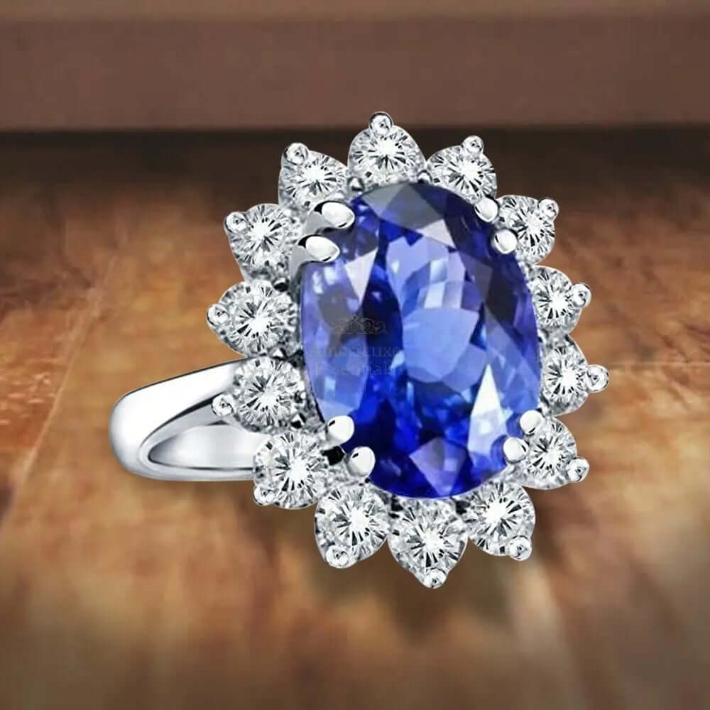 Princess Diana Inspired 3.00CTW AGI Certified G/VS Lab-Grown Sapphire and Diamond Halo Ring in 14K White Gold - AmeriLuxe Essentials