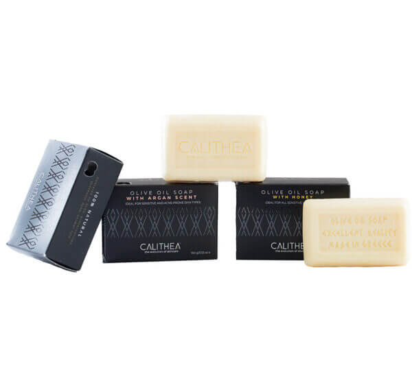 natural olive oil soap three pack featuring Lavender, Honey, and Argan varieties.