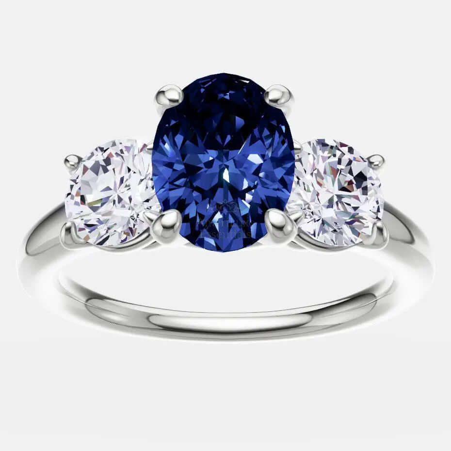 2.00 CTW Lab Created Oval Blue Sapphire & Diamond 3-Stone Engagement Ring in 14kt Gold - AmeriLuxe Essentials