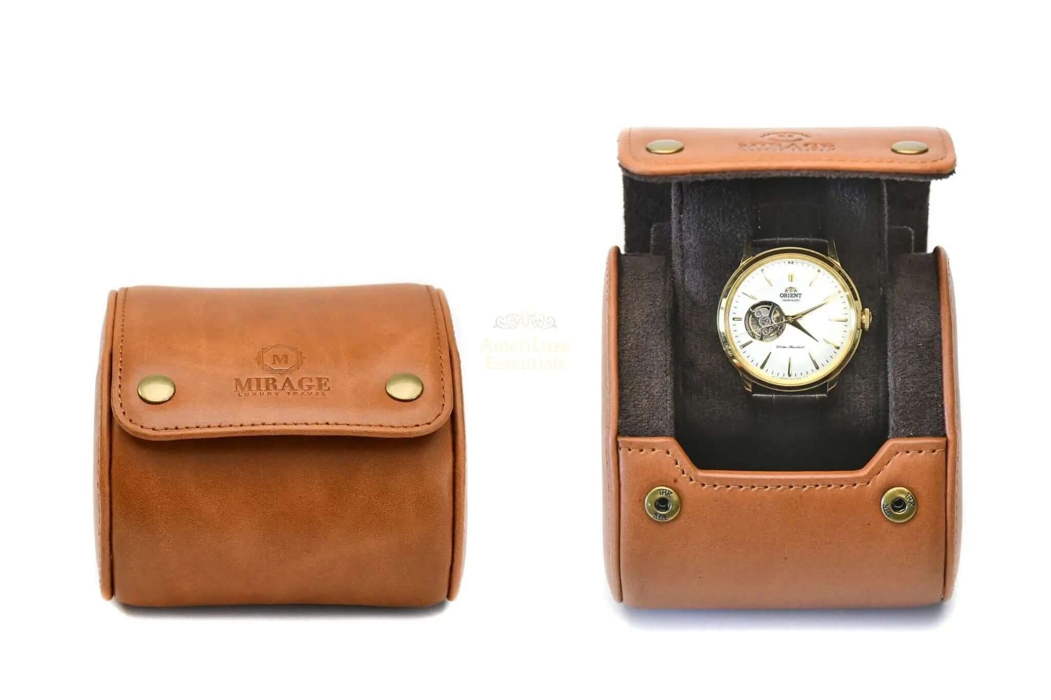 Tawny brown leather watch travel case with a watch displayed inside, showcasing premium craftsmanship and design.