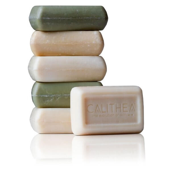natural olive oil soap three pack featuring CALITHEA's signature bars stacked in a clean, modern display.