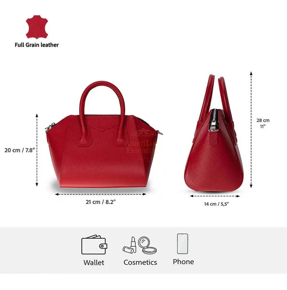 Salinas Genuine Leather Women's Handbag - Small, showcasing a stylish red design with measurements, ideal small leather women's handbag.