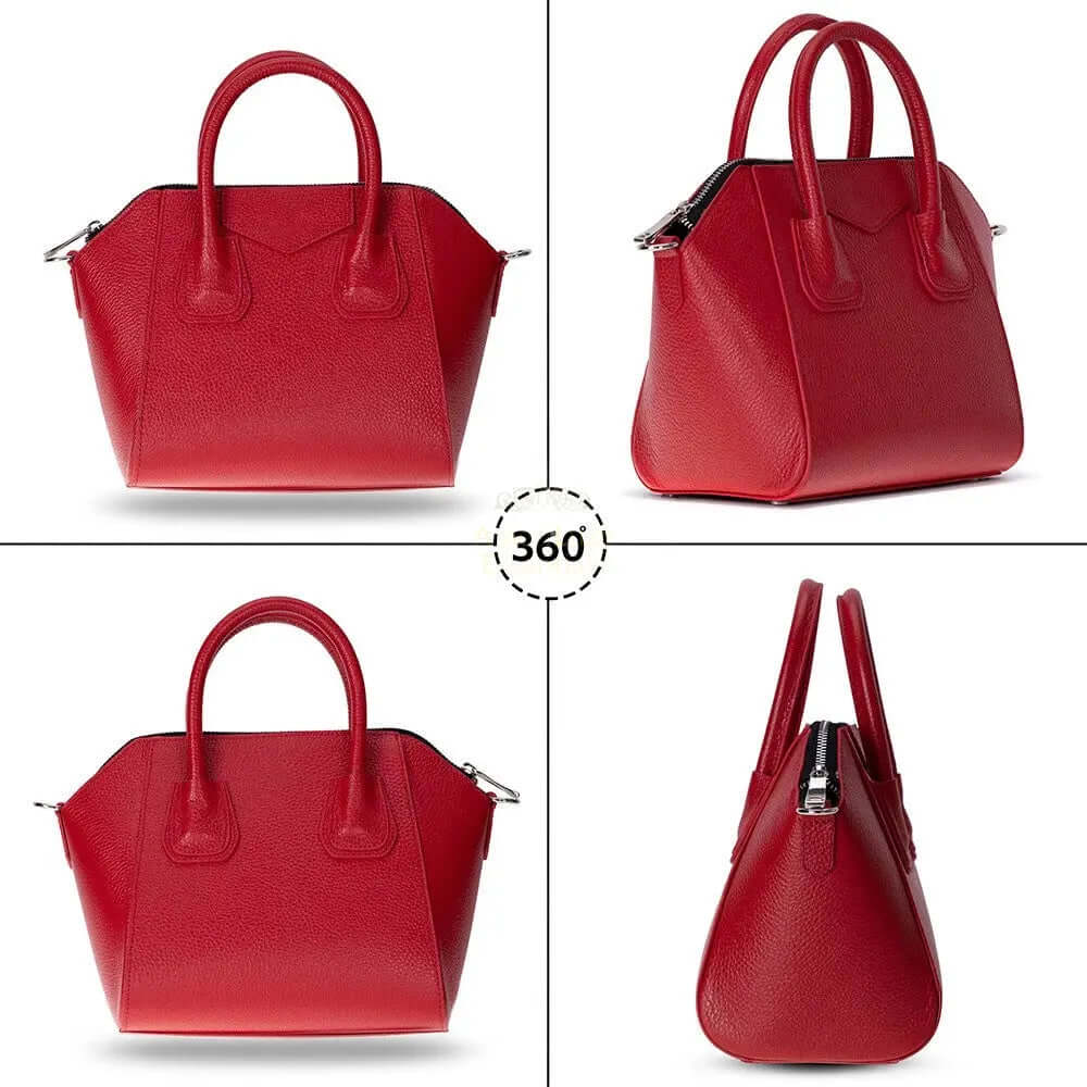 Salinas Genuine Leather Women's Handbag - Small, a stylish small leather women's handbag in red, showcasing 360-degree view.