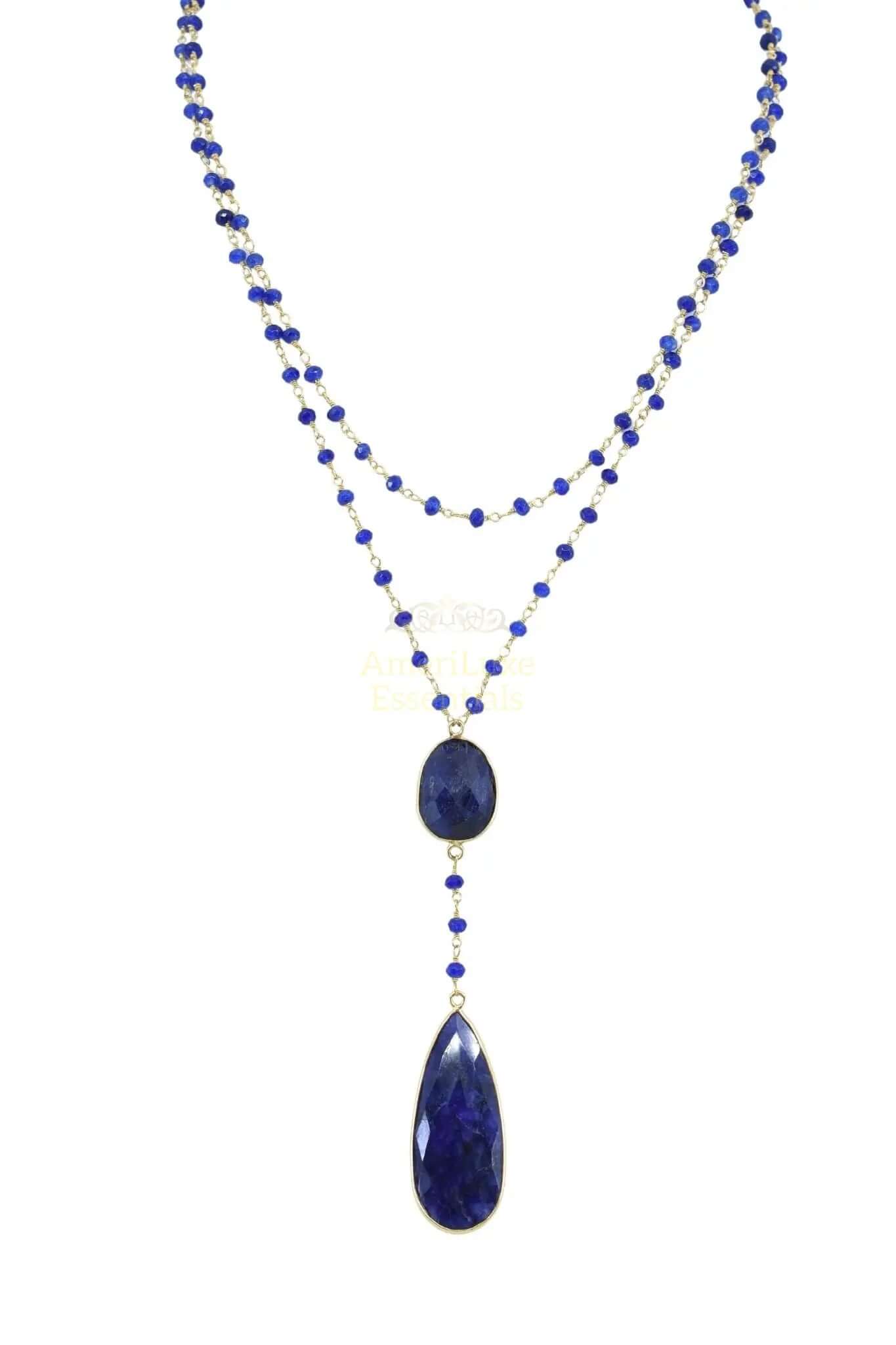 Double sapphire necklace with elegant sapphire drop design and intricate beading craftsmanship.