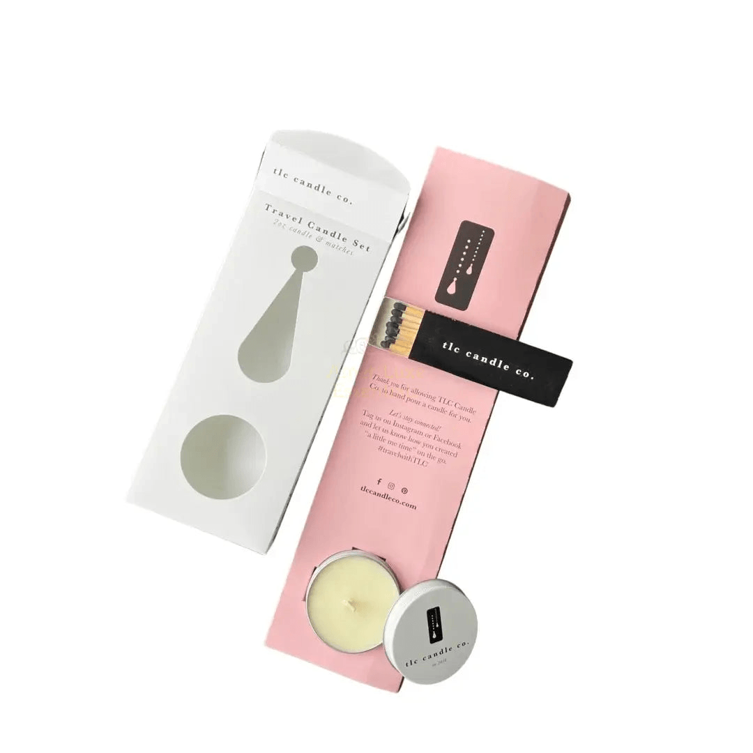 Coastal travel scented candles set in packaging, including a travel candle and matches, ideal for relaxation on the go.