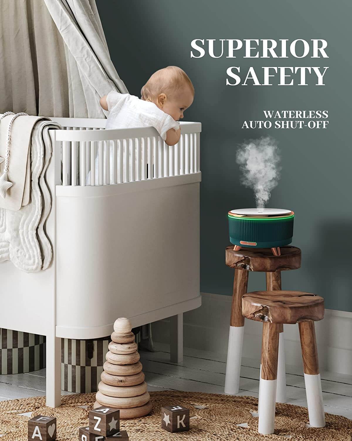 Specialty Wooden LED Aromatherapy Essential Oil Diffuser with baby in crib, showcasing waterless auto shut off feature.