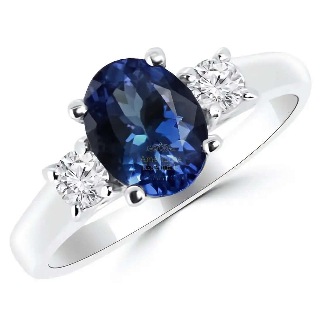 2.00 CTW Lab Created Oval Blue Sapphire & Diamond 3-Stone Engagement Ring in 14kt Gold - AmeriLuxe Essentials