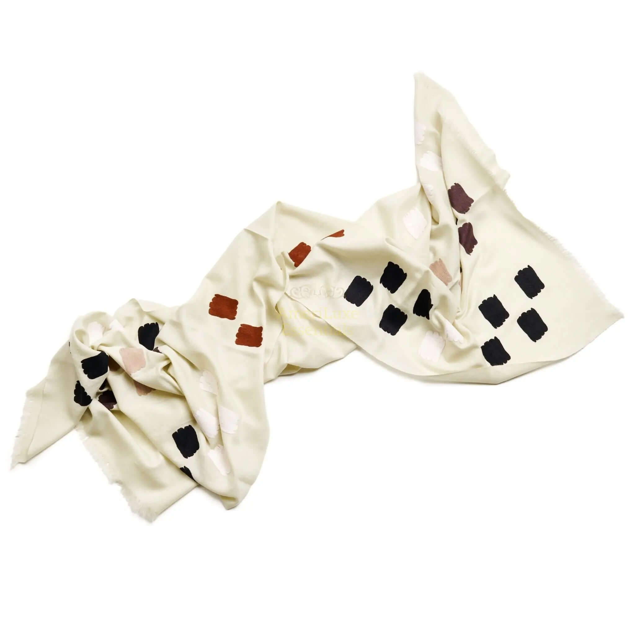 Hand woven embroidered scarf in ivory with colorful square patterns, showcasing traditional artisan craftsmanship from Kashmir.