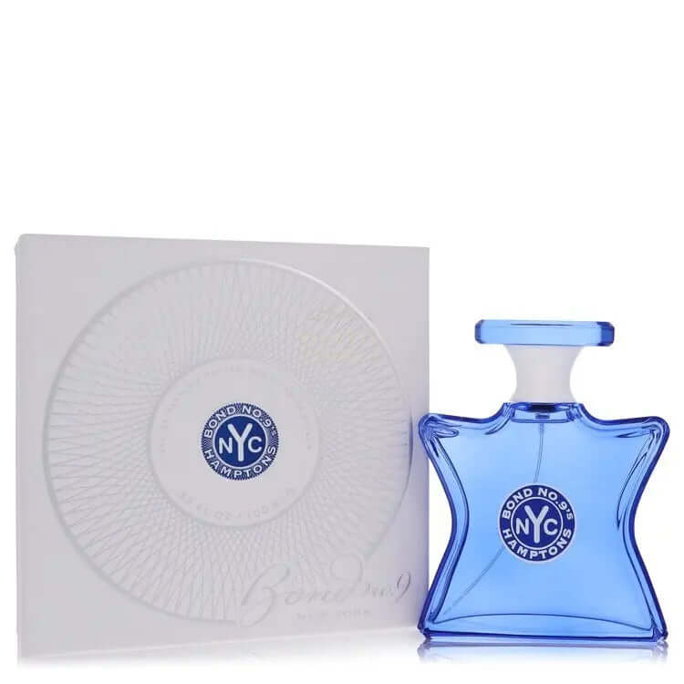 Hamptons Eau De Parfum unisex fragrance by Bond No. 9 in a decorative blue bottle with logo and package.