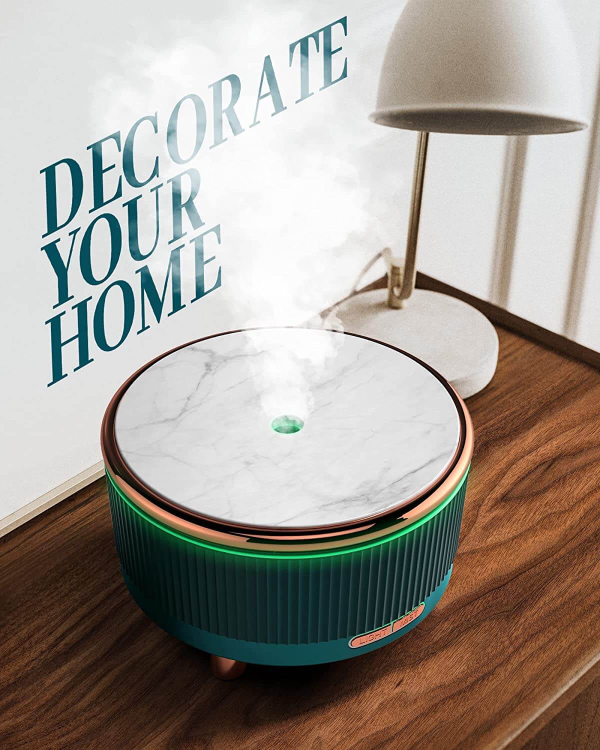 Specialty Wooden LED Aromatherapy Essential Oil Diffuser on a wooden table with steam and a lamp in the background.