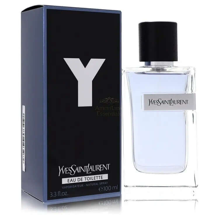 Yves Saint Laurent Y Eau De Toilette for men 3.3 oz spray bottle with box, exuding youthful masculinity.