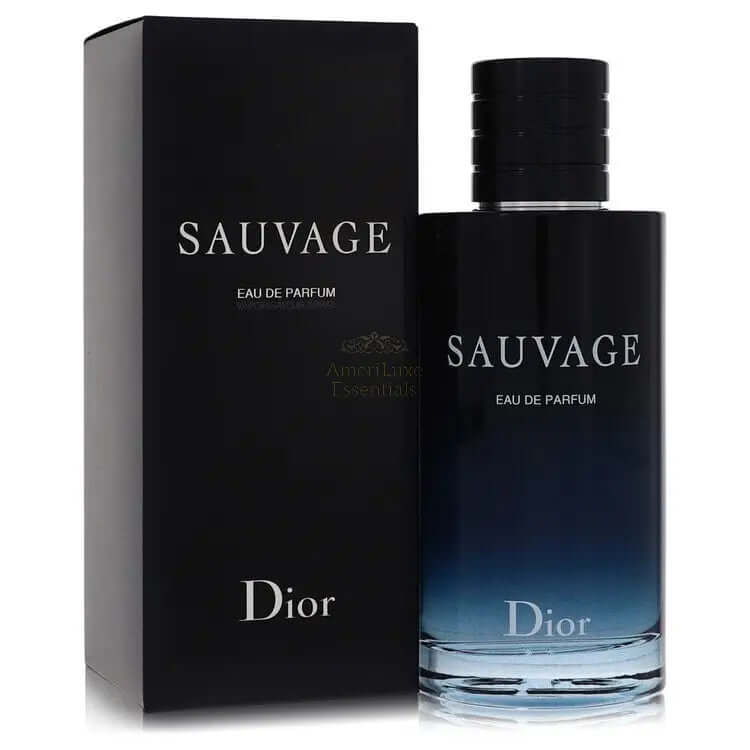 Sauvage Eau De Parfum for men, 6.8 oz bottle by Christian Dior against a black and blue background.