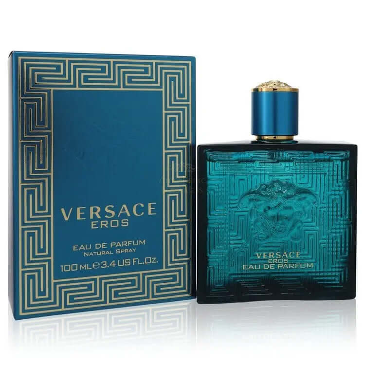 Versace Eros men's fragrance Eau De Parfum Spray 3.4 oz in a bold blue bottle and stylish packaging.