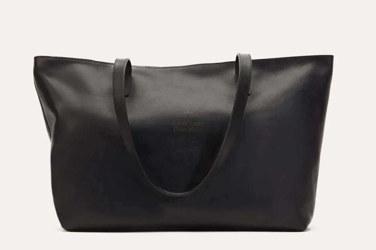 Mid Zip Tote Bag in black genuine leather features stylish design and practical functionality.