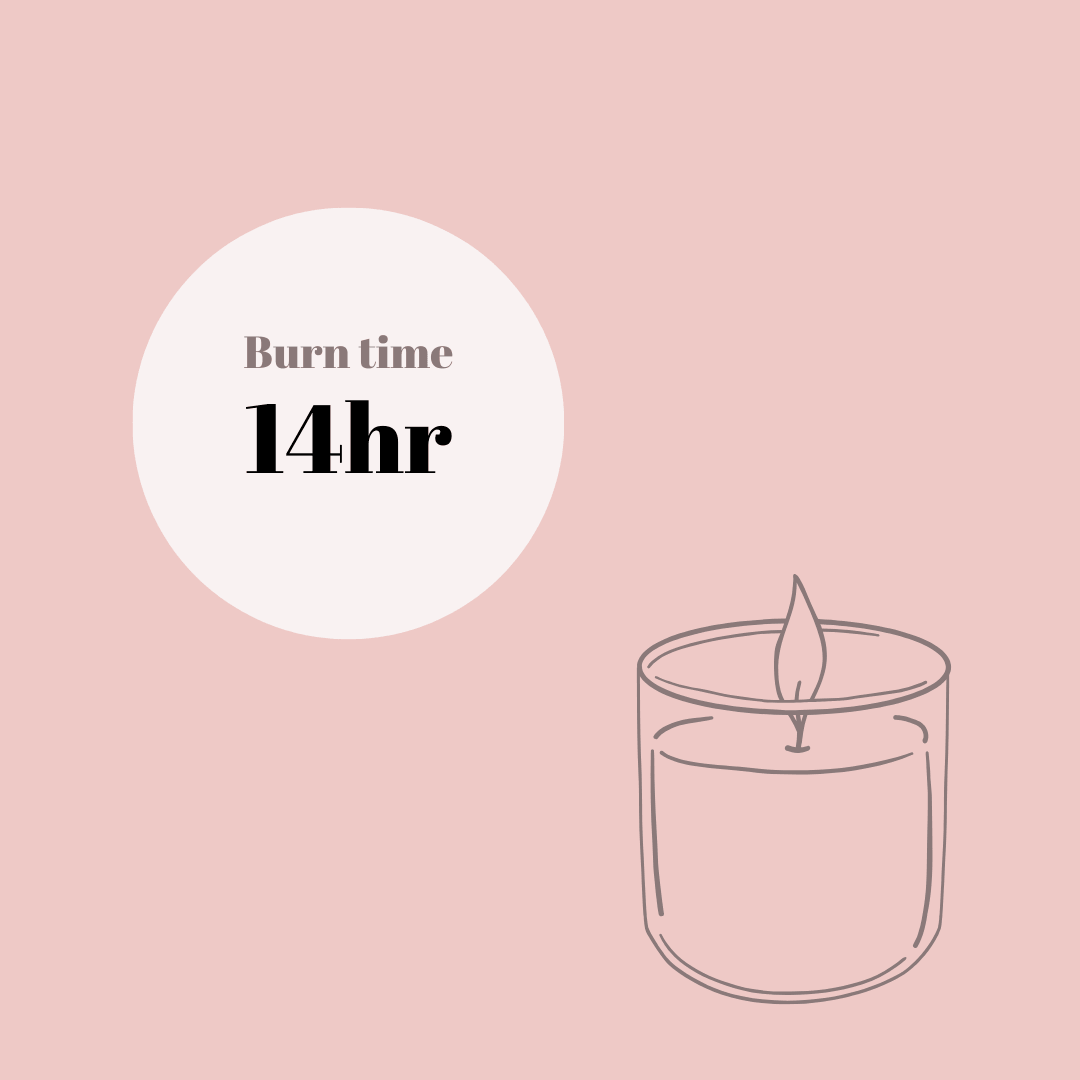 Travel Candle with Matches - Gatherings burn time 14 hours shown with a simple candle illustration on a pink background.